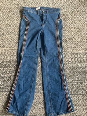 Pilcro Blue Denim Flared Jeans with Multicolor Side Stripes